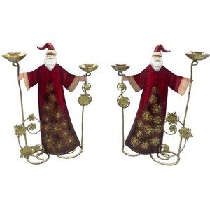 Christmas set of 2 Santa candle holder tin snowflake red gold sparkle 12" READ